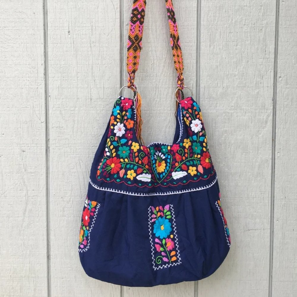 Handmade Floral Embroidered Mexican Satchel Morral Bag - Bolsa Bordada Mexicana